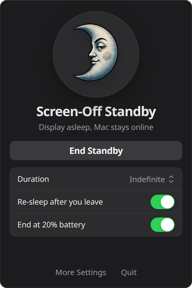 Never Sleep active: moon face, screen-off standby, Mac still online