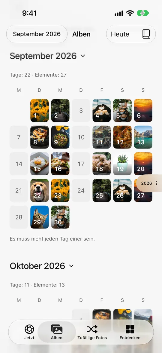 Fotokalender: An den meisten Tagen des letzten Monats gibt es ein Foto