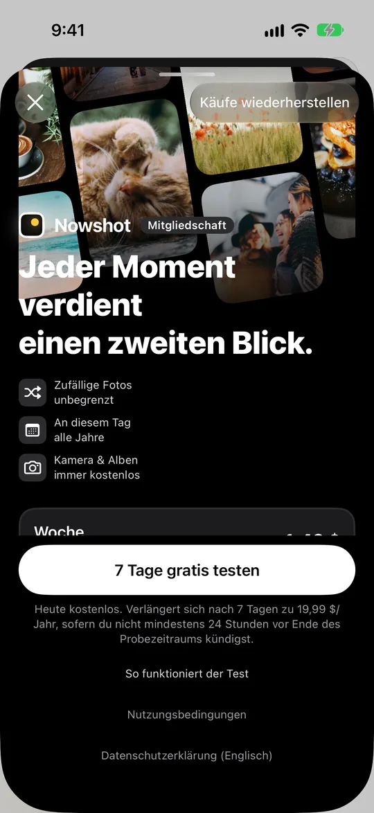 Mitgliedschaftsseite mit Wochen-, Monats- und Jahresabo, das Jahresabo die ersten 7 Tage gratis, darunter lebenslang