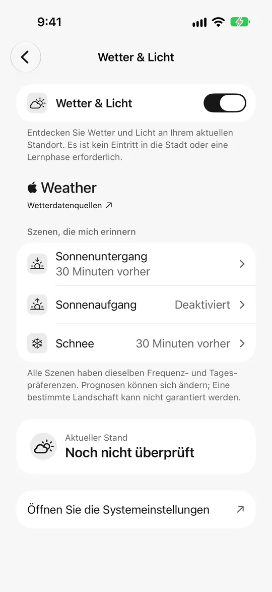 Einstellungen für Wetter und Licht: Sonnenuntergang 30 Minuten vorher, Schnee-Erinnerung an
