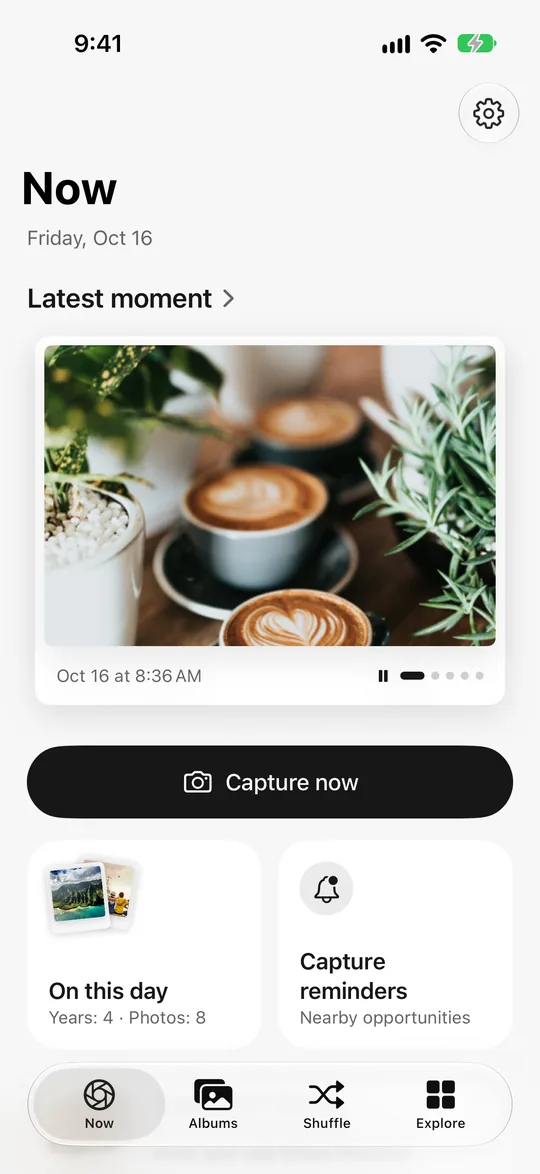 Nowshot home screen with this morning’s latte as the latest moment