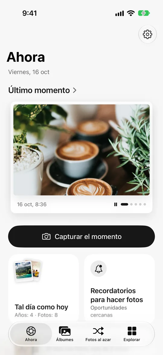 Pantalla de inicio de Nowshot con el café de esta mañana como último momento