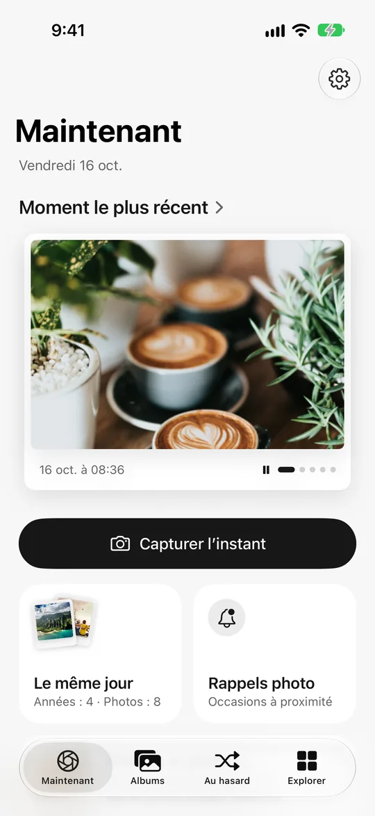 Écran d’accueil de Nowshot, avec le latte de ce matin comme dernier moment