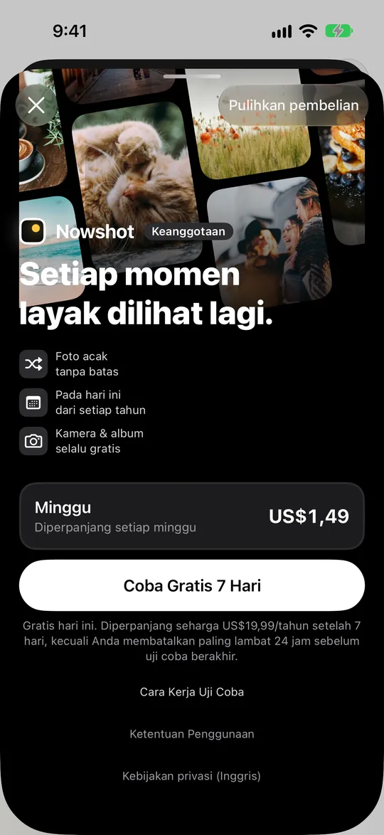 Halaman keanggotaan dengan paket mingguan, bulanan, dan tahunan, paket tahunan gratis 7 hari pertama, dan seumur hidup di bawahnya