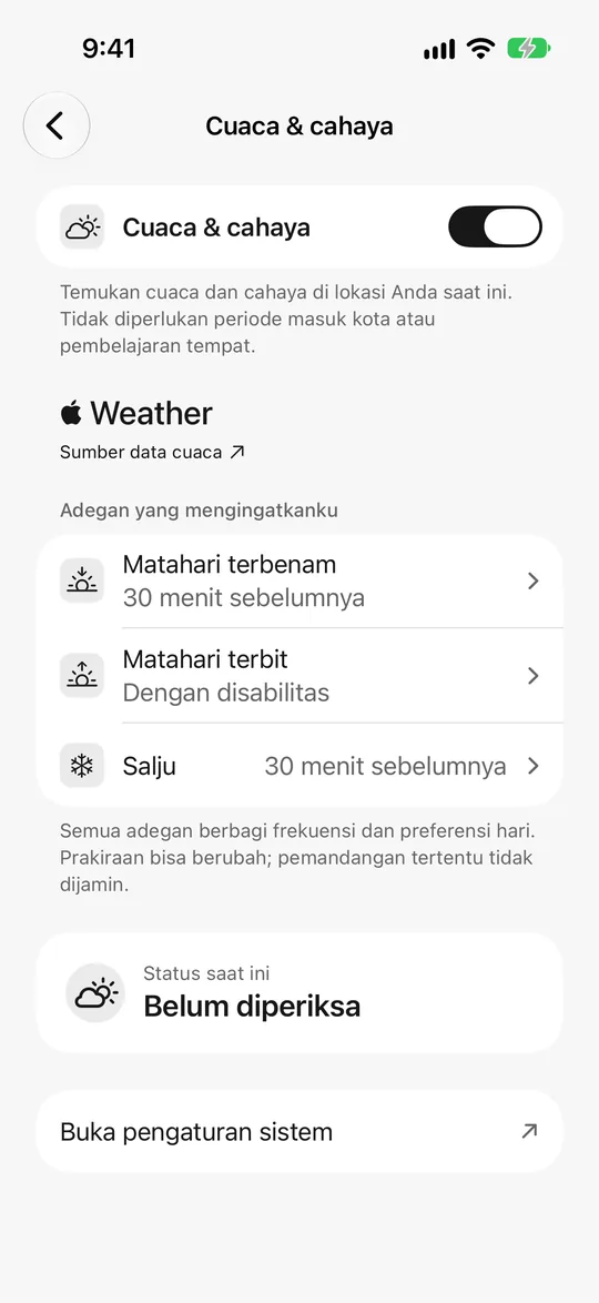 Pengaturan cuaca dan cahaya: pengingat matahari terbenam 30 menit sebelumnya, pengingat salju nyala