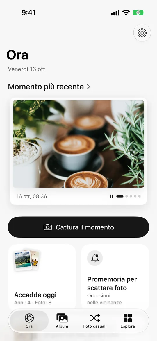 Schermata Home di Nowshot con il latte macchiato di stamattina come momento più recente