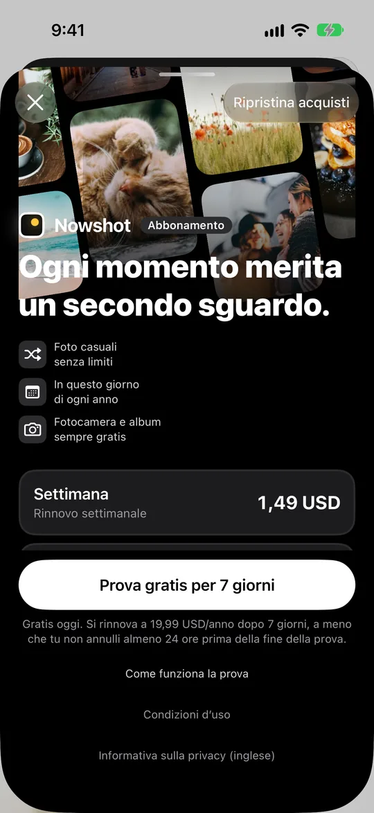 Pagina abbonamento con piani settimanale, mensile e annuale, l’annuale gratis per i primi 7 giorni, e quello a vita sotto