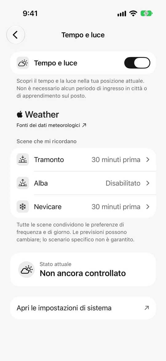 Impostazioni meteo e luce: tramonto 30 minuti prima, promemoria neve attivo