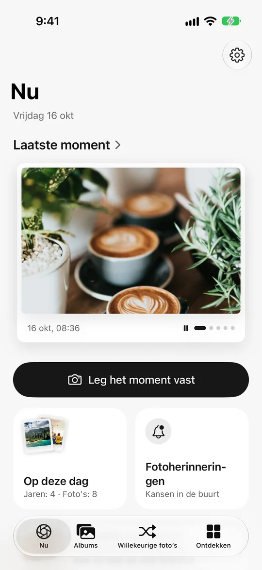 Beginscherm van Nowshot met de latte van vanochtend als laatste moment