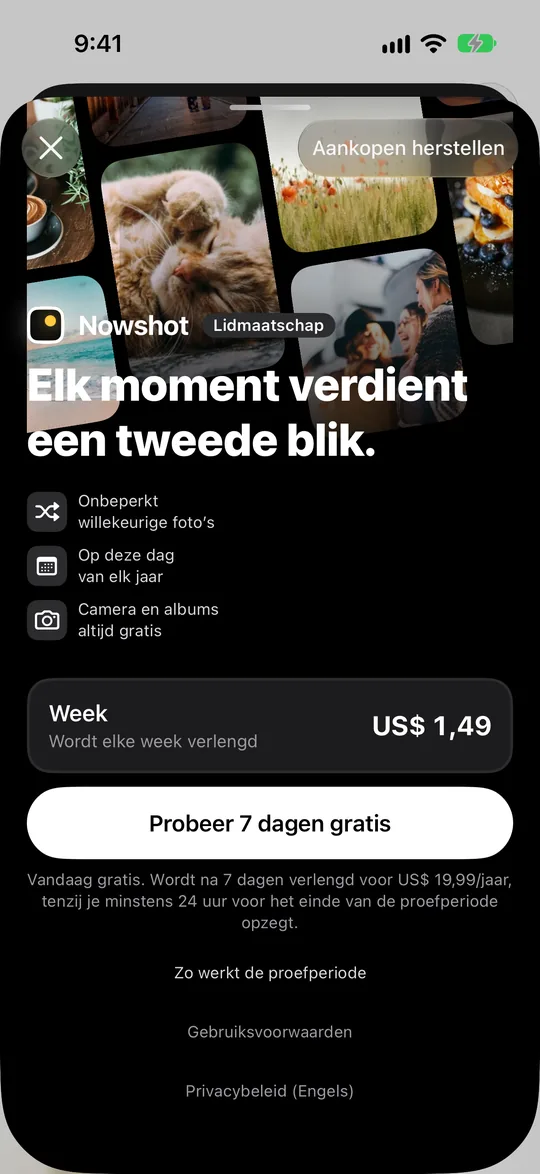 Lidmaatschapspagina met week-, maand- en jaarabonnement, het jaar de eerste 7 dagen gratis, en levenslang eronder