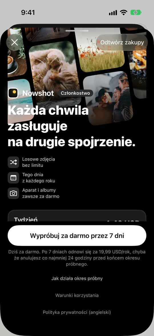 Strona członkostwa z planem tygodniowym, miesięcznym i rocznym, roczny pierwsze 7 dni za darmo, poniżej dożywotni