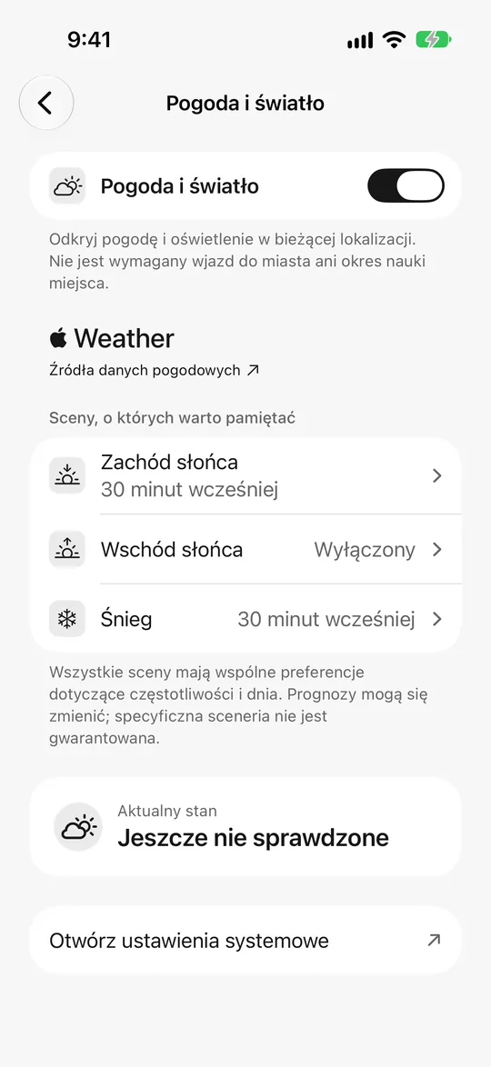 Ustawienia pogody i światła: zachód słońca 30 minut wcześniej, przypomnienie o śniegu włączone