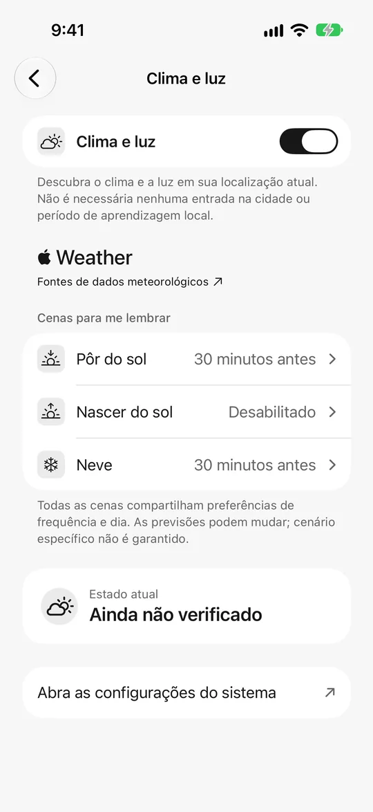 Ajustes de clima e luz: pôr do sol 30 minutos antes, lembrete de neve ativado