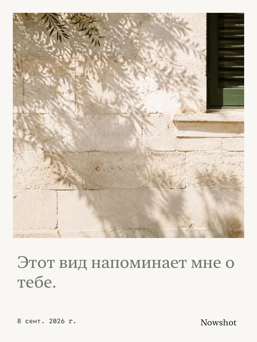 Открытка, сделанная в Nowshot, с фотографией тени дерева и личным сообщением