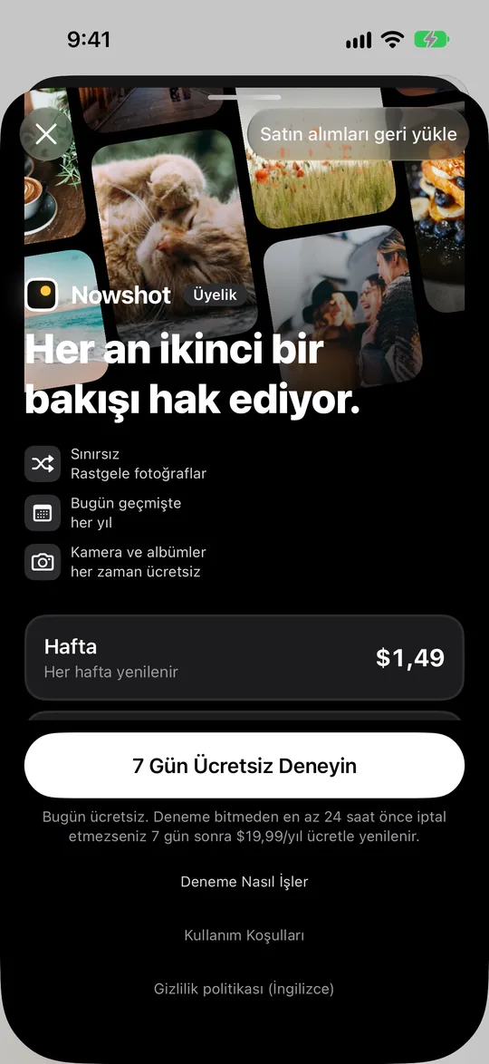 Haftalık, aylık ve yıllık planların olduğu üyelik sayfası; yıllık plan ilk 7 gün ücretsiz, altında ömür boyu