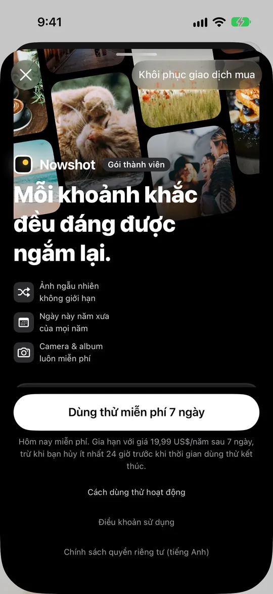 Trang thành viên với các gói tuần, tháng và năm, gói năm miễn phí 7 ngày đầu, gói trọn đời ở dưới