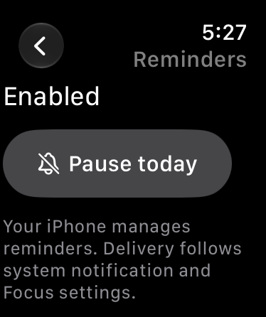 Spazio per una giornata tranquilla — Controlla i promemoria o sospendili per oggi. Le modifiche risultano completate solo dopo la conferma dell’iPhone.